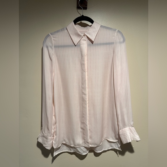 Vince 100% silk pink white stripe button front blouse 4 - Picture 1 of 8